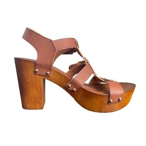BAMBOO Brown Strappy Wood Platform Sandals Women's Size 6 Chunky Heel Boho